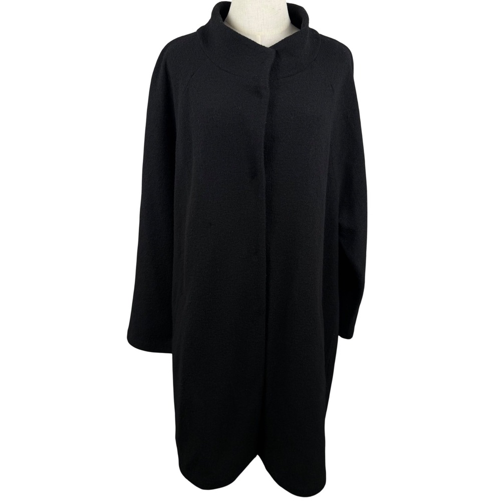 Cynthia Rowley Women 2X Wool Coat Black Funnel Neck Hidden Button Minimalist EUC